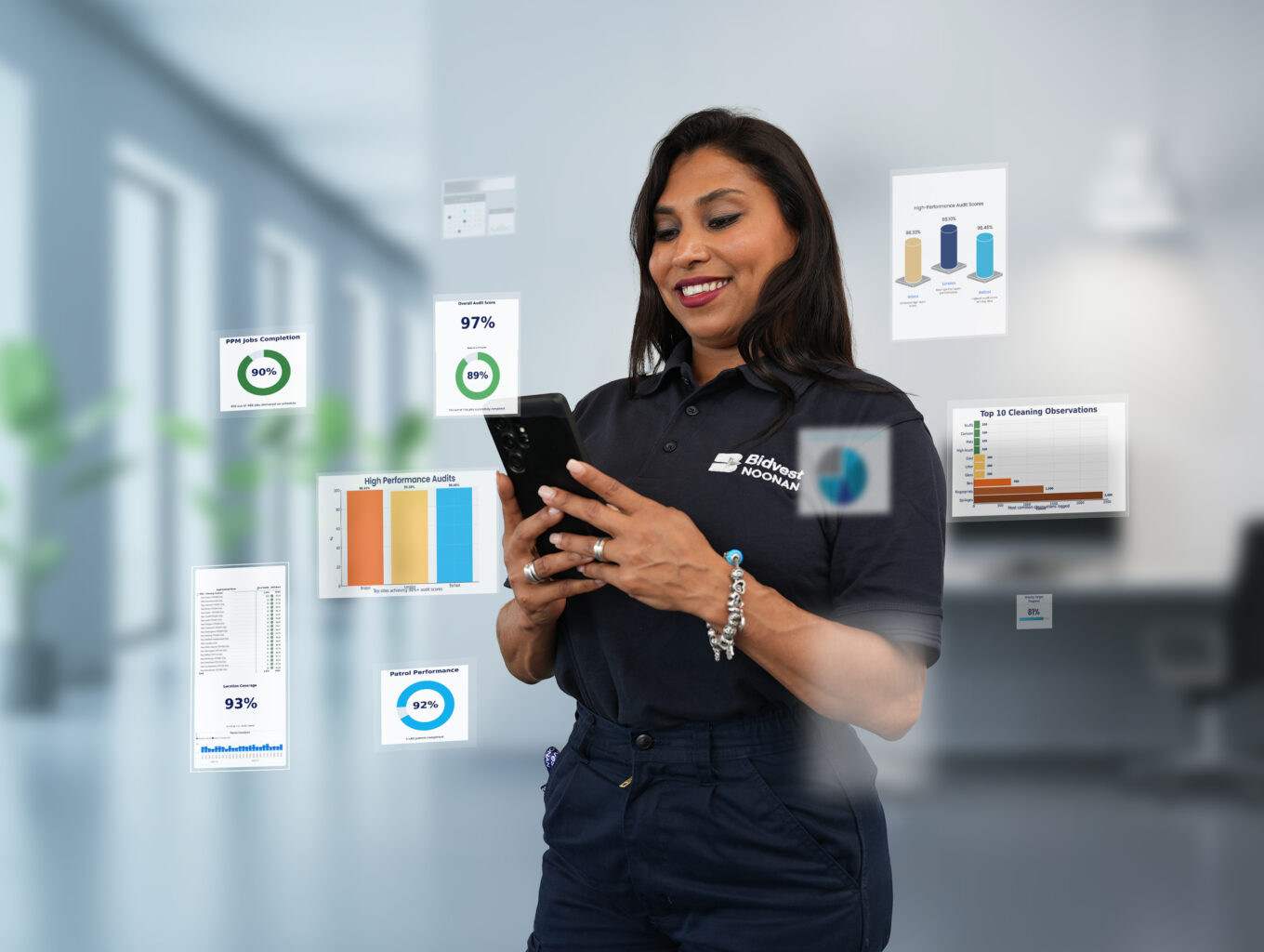 A Bidvest Noonan team member using a mobile device to view live performance data through Task, the company’s digital operations platform, with charts and analytics visualised in the background.