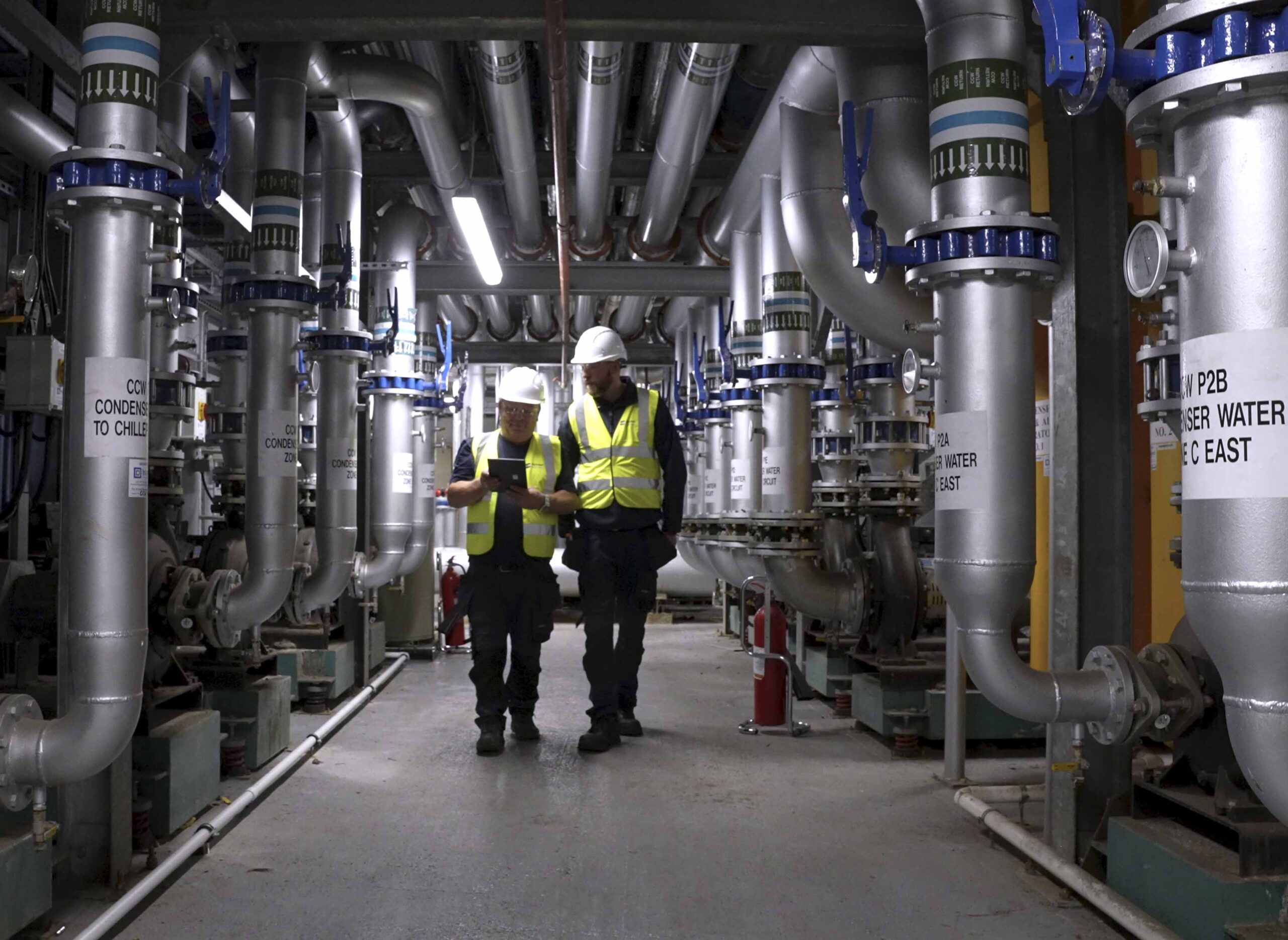 Bidvest Noonan technical services team members using a digital device to review maintenance data while inspecting large industrial plant equipment in a facility plant room.